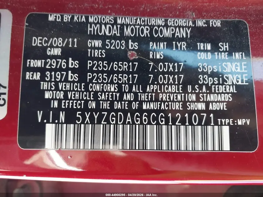 2012 HYUNDAI SANTA FE GLS V6