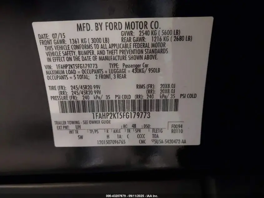 2015 FORD TAURUS SHO