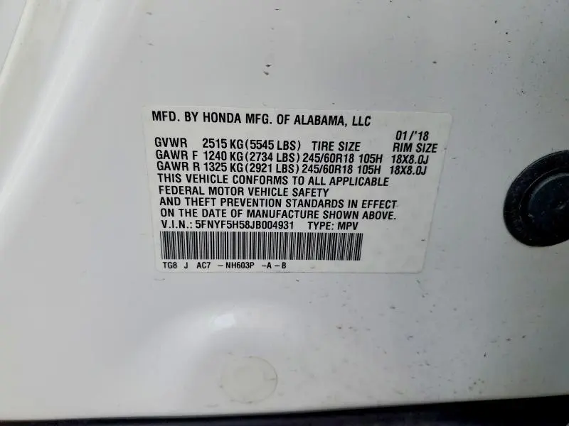 2018 HONDA PILOT EXL  
