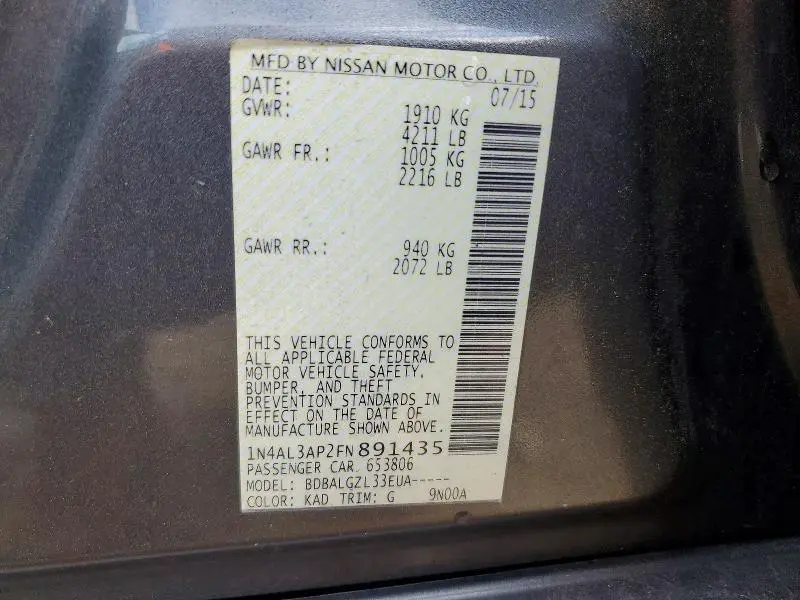 2015 NISSAN ALTIMA 2.5 S  