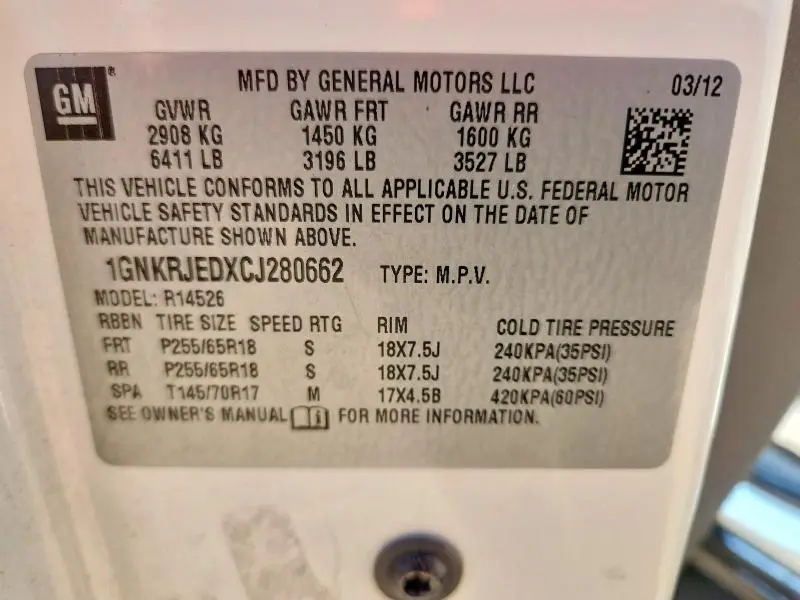 2012 CHEVROLET TRAVERSE LT  