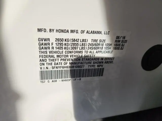 2016 HONDA PILOT EXL  