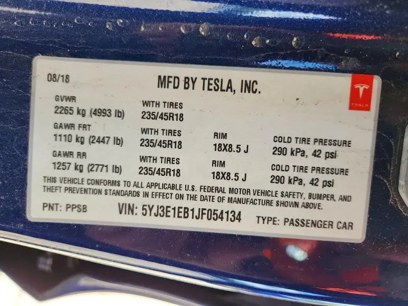 2018 TESLA MODEL 3   