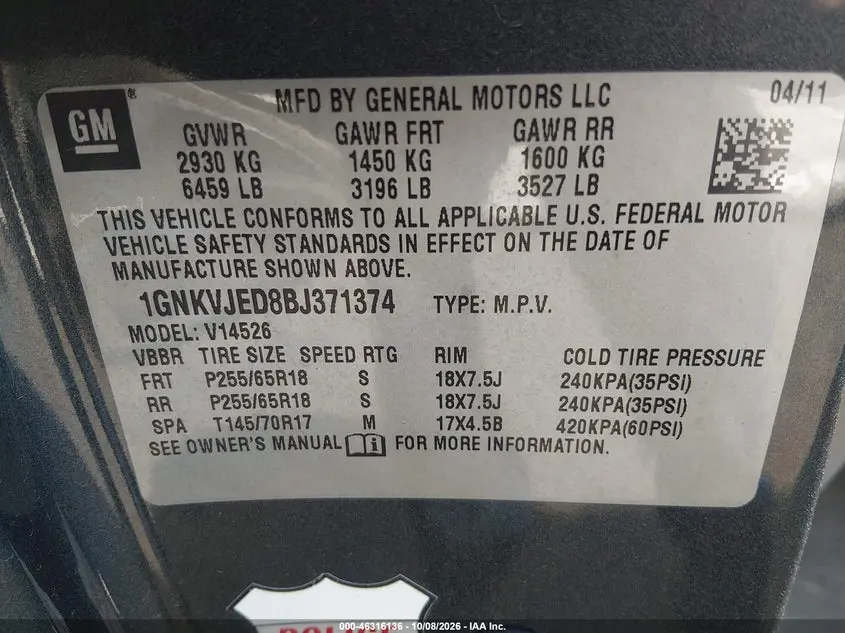 2011 CHEVROLET TRAVERSE 2LT