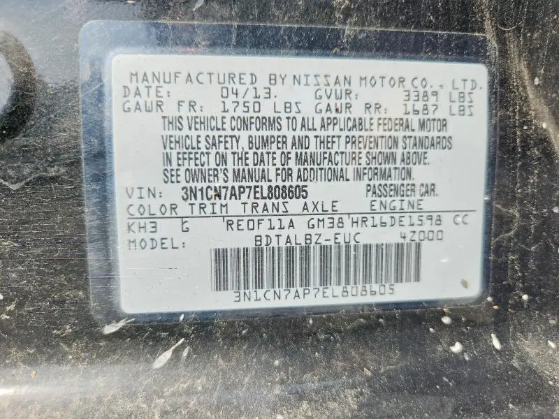 2014 NISSAN VERSA 1.6 S  