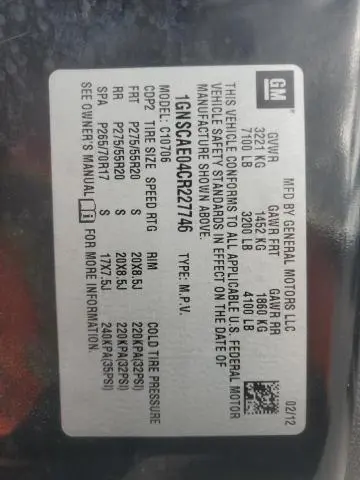 2012 CHEVROLET TAHOE C1500 LS  