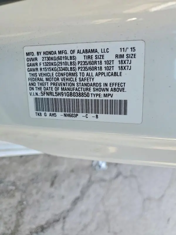 2016 HONDA ODYSSEY TOURING  
