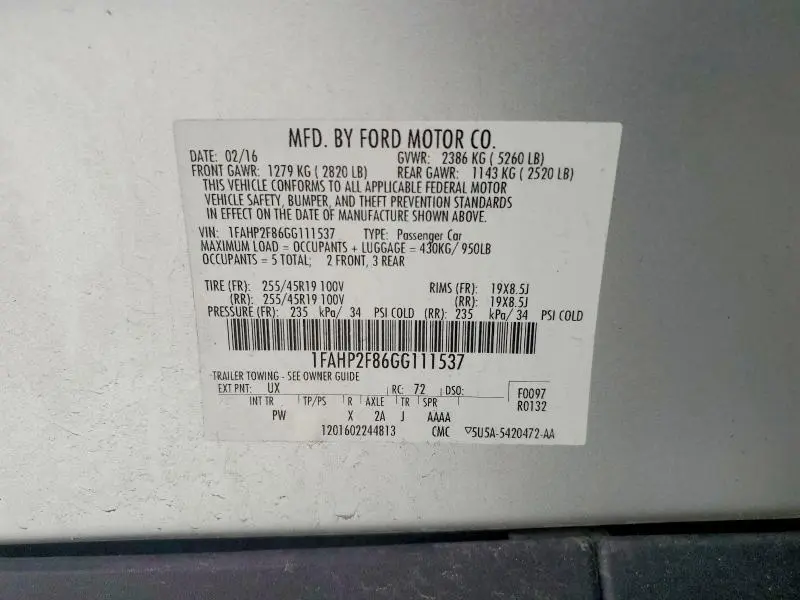 2016 FORD TAURUS LIMITED  