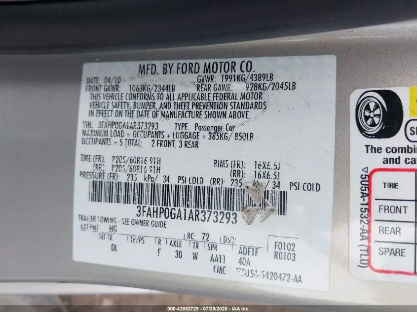 2010 FORD FUSION S