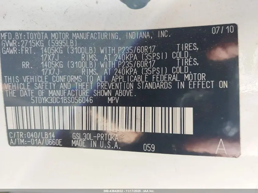 2011 TOYOTA SIENNA XLE V6