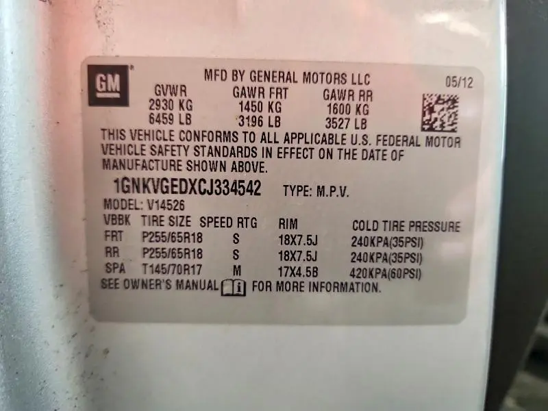 2012 CHEVROLET TRAVERSE LT  
