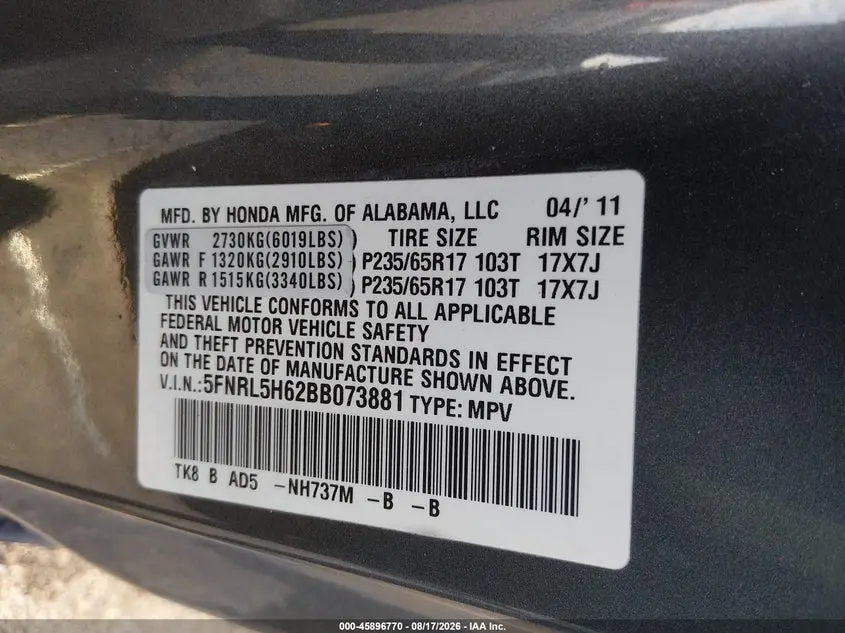 2011 HONDA ODYSSEY EX-L