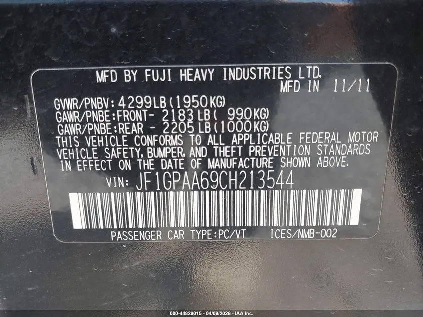 2012 SUBARU IMPREZA 2.0I