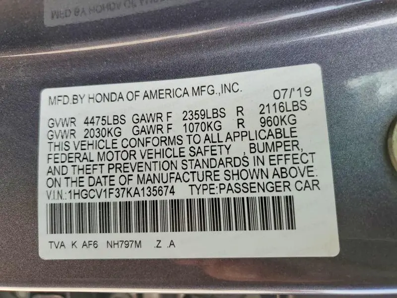 2019 HONDA ACCORD SPORT  