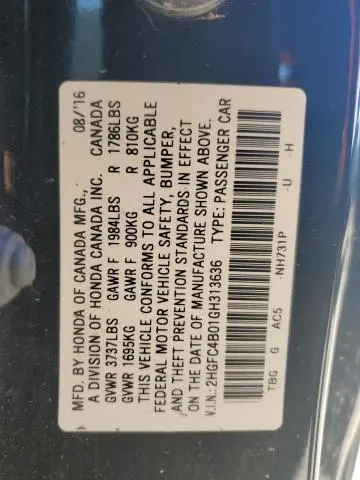 2016 HONDA CIVIC LX  