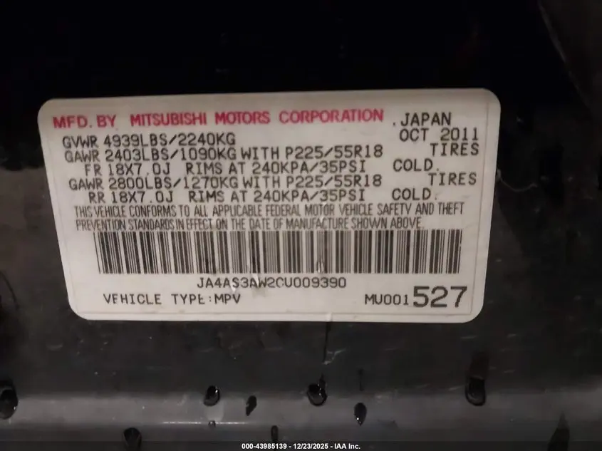 2012 MITSUBISHI OUTLANDER SE