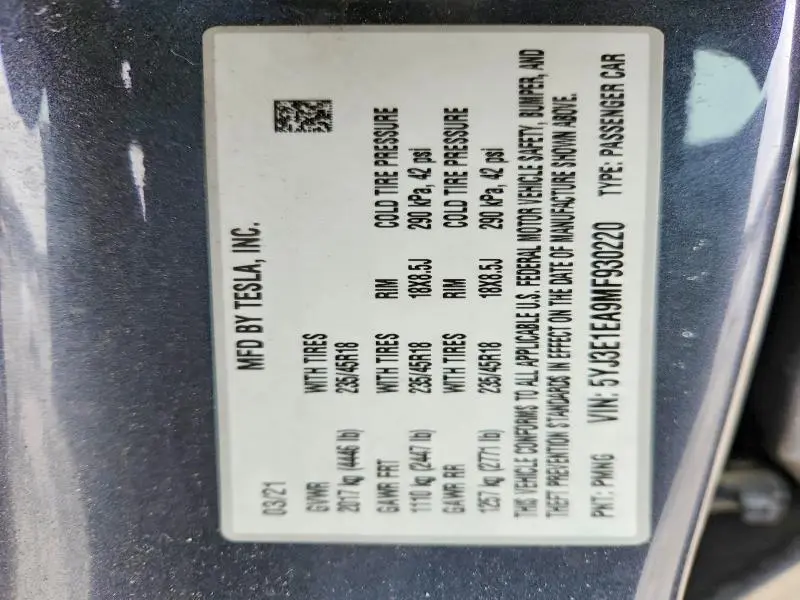2021 TESLA MODEL 3   