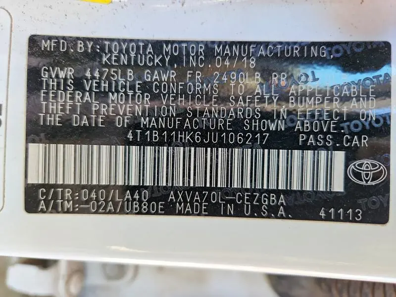 2018 TOYOTA CAMRY XLE  