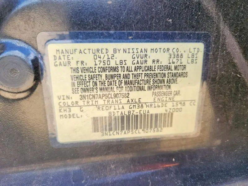 2012 NISSAN VERSA S  