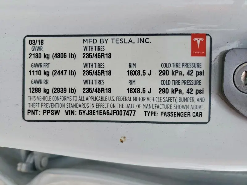 2018 TESLA MODEL 3   