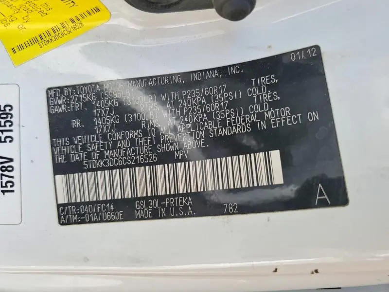 2012 TOYOTA SIENNA LE 8-PASSENGER  