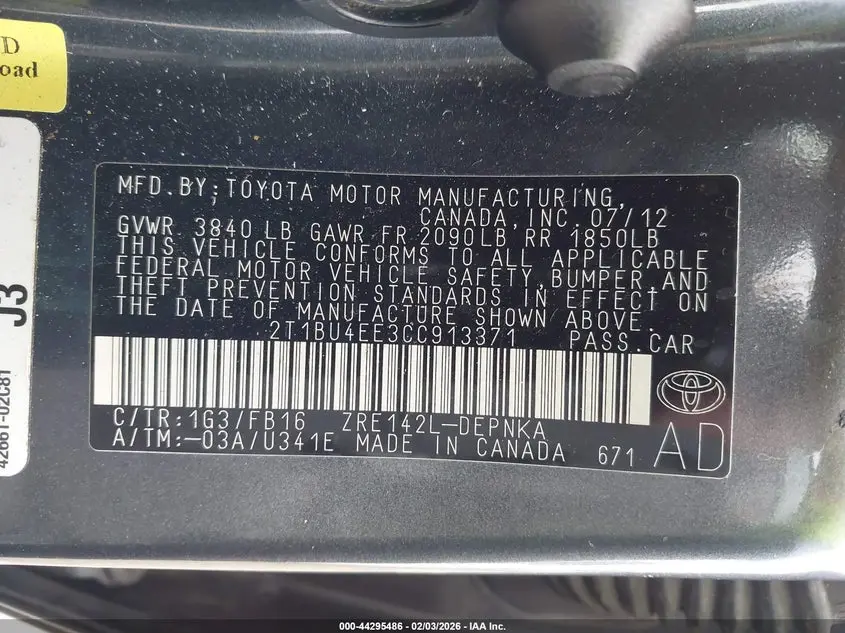 2012 TOYOTA COROLLA LE