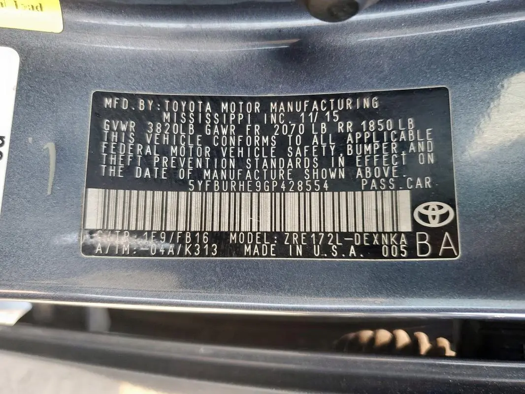 2016 TOYOTA COROLLA L  