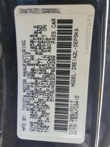 2012 TOYOTA COROLLA BASE  