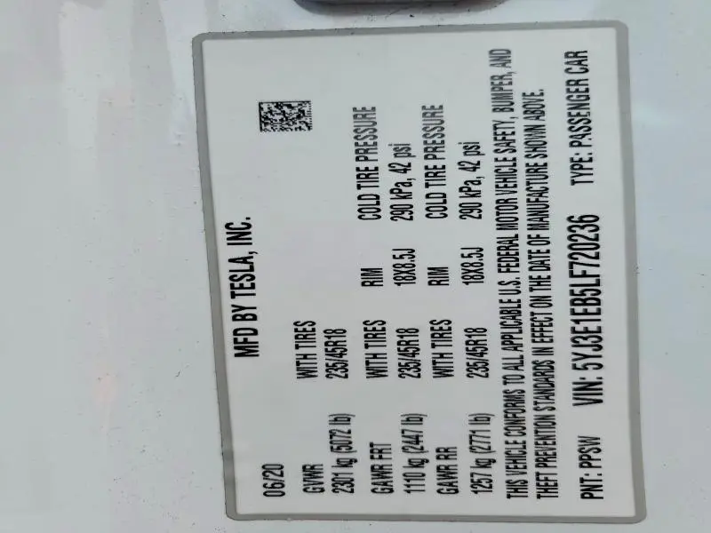 2020 TESLA MODEL 3   