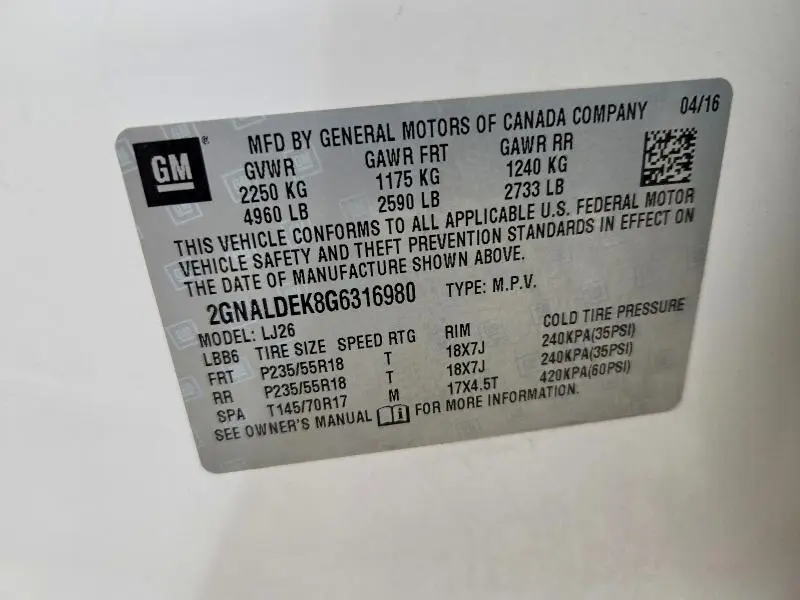 2016 CHEVROLET EQUINOX LTZ  