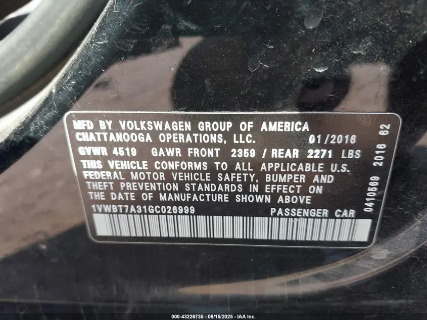 2016 VOLKSWAGEN PASSAT 1.8T SE