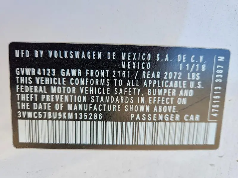 2019 VOLKSWAGEN JETTA S  