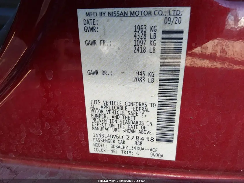 2020 NISSAN ALTIMA SV FWD