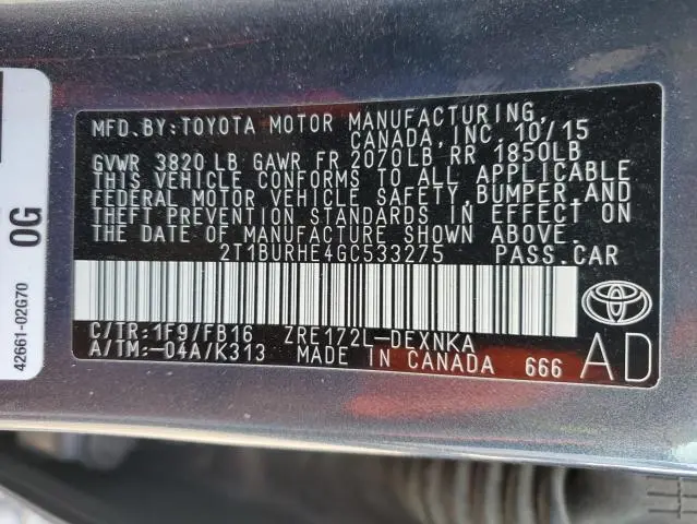 2016 TOYOTA COROLLA L  