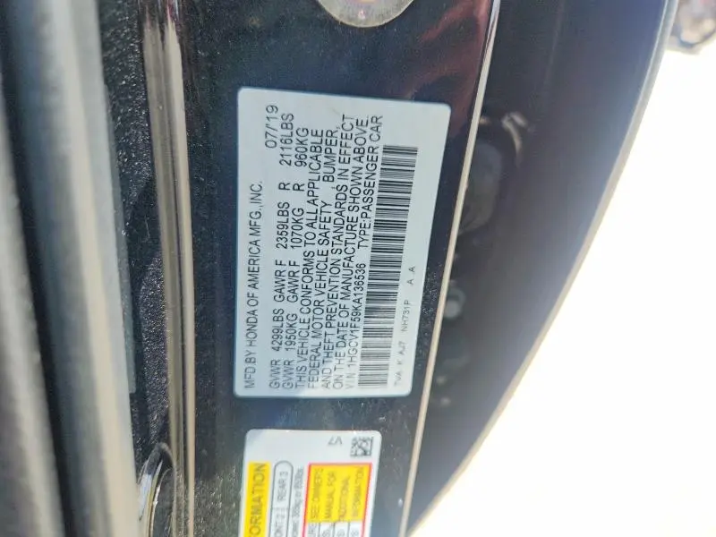2019 HONDA ACCORD EXL  