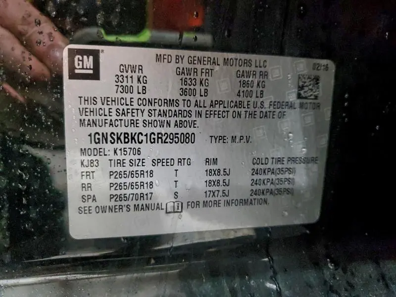 2016 CHEVROLET TAHOE K1500 LT  