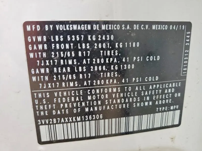 2019 VOLKSWAGEN TIGUAN SE  
