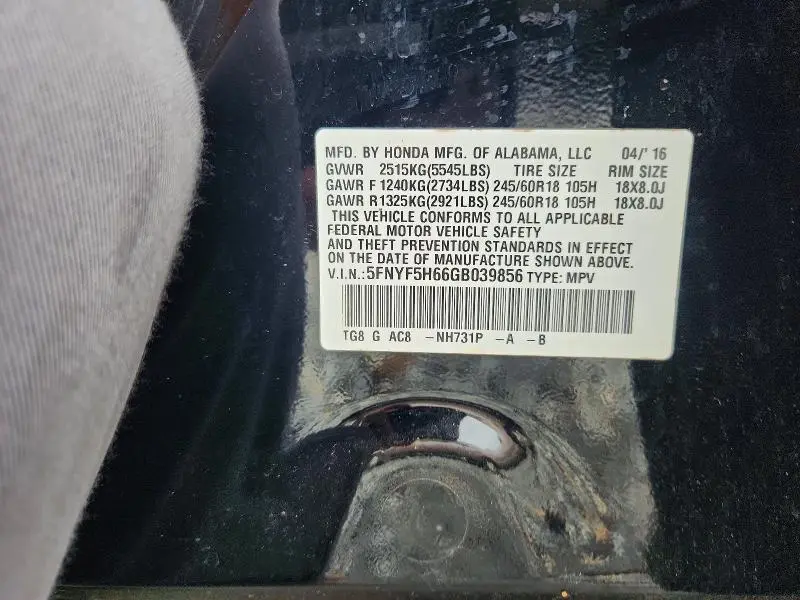 2016 HONDA PILOT EXL  