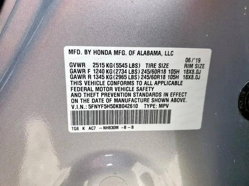 2019 HONDA PILOT EXL  