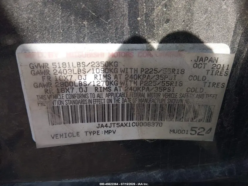 2012 MITSUBISHI OUTLANDER GT