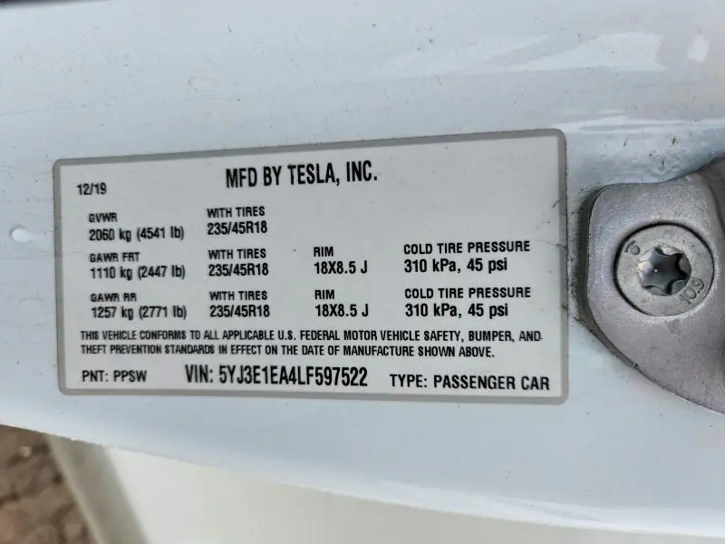 2020 TESLA MODEL 3   