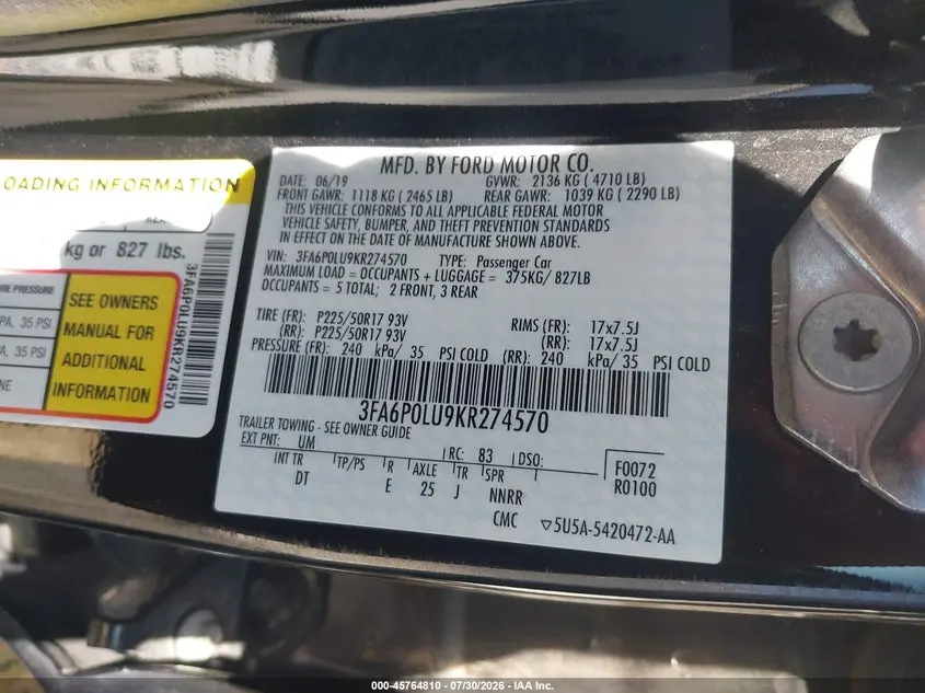 2019 FORD FUSION HYBRID SE