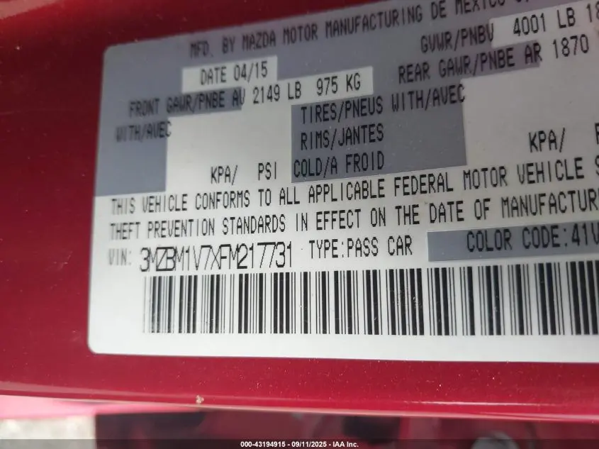 2015 MAZDA MAZDA3 I TOURING