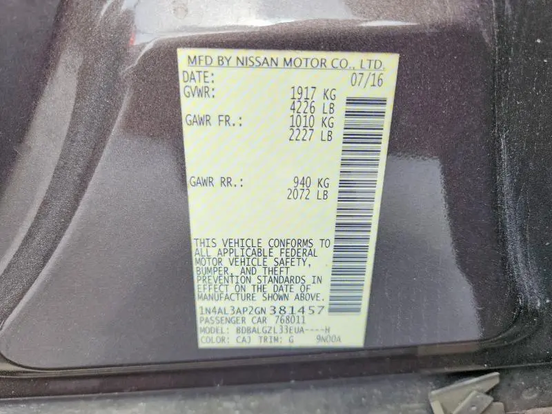2016 NISSAN ALTIMA 2.5 S  