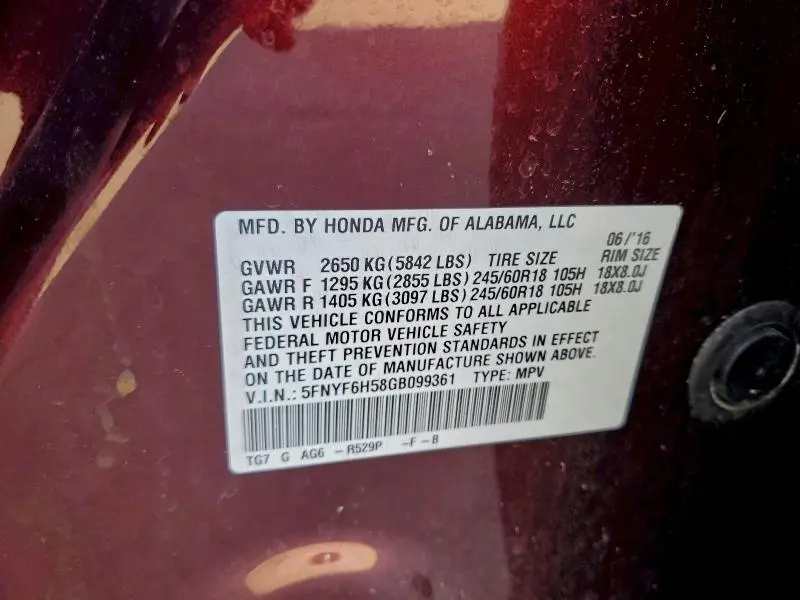 2016 HONDA PILOT EXL  