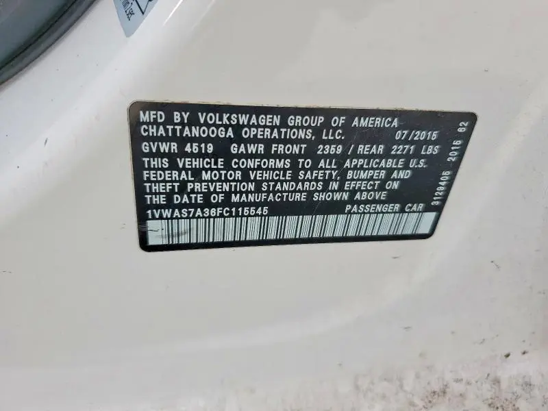 2015 VOLKSWAGEN PASSAT S  