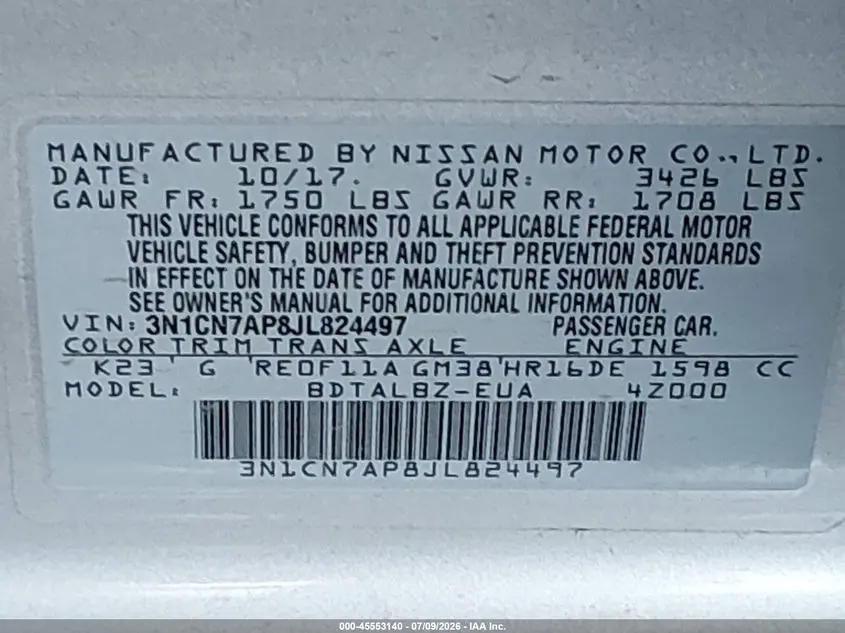 2018 NISSAN VERSA 1.6 SV