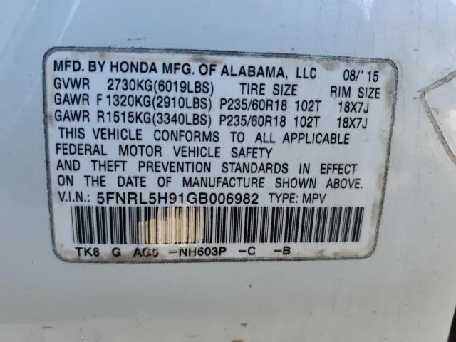 2016 HONDA ODYSSEY TOURING  