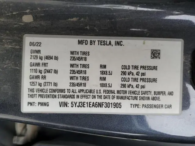 2022 TESLA MODEL 3   