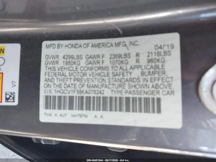 2019 HONDA ACCORD EX-L 1.5T